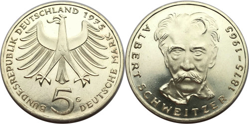 5 марок 1975 ФРГ — 100 лет со дня рождения Альберта Швейцера — серебро