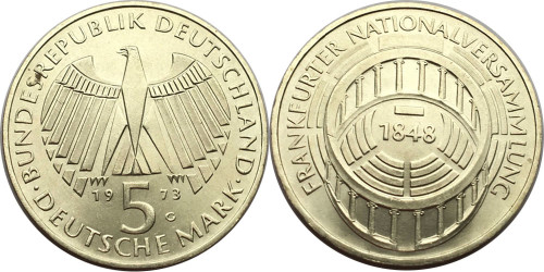 5 марок 1973 «G» ФРГ — 125 лет со дня открытия Национального Собрания — серебро