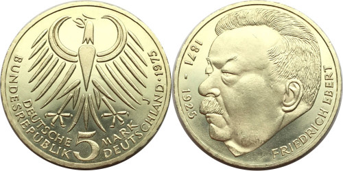 5 марок 1975 «J» ФРГ — 50 лет со дня смерти Фридриха Эберта — серебро