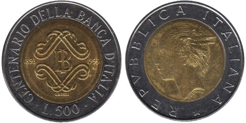 500 лир 1993 Италия — 100 лет Банку Италии