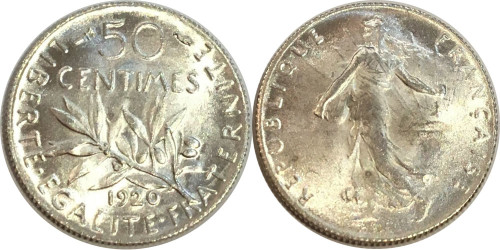 50 сантимов 1920 Франция — серебро