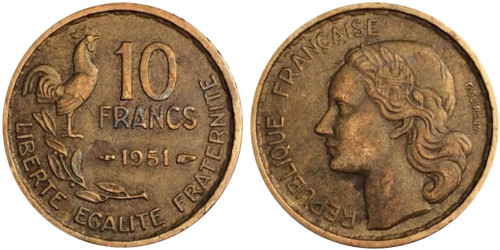 10 франков 1951 Франция — 	Без отметки монетного двора