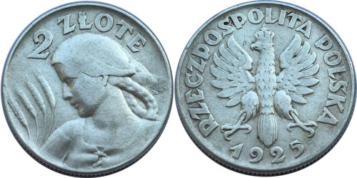 2 злотых 1925 Польша — Жница — серебро — разновидность —  Нет точки после даты