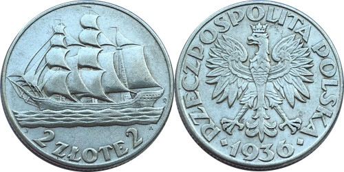 2 злотых 1936 Польша — 15 лет морскому порту Гдыня — серебро