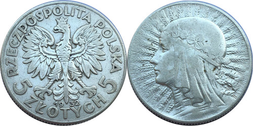 5 злотых 1932 Польша — серебро — Королева Ядвига — Без отметки монетного двора