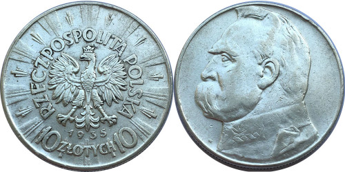 10 злотых 1935 Польша — серебро — Юзеф Пилсудский