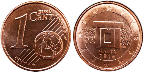 1 евроцент 2016 Мальта UNC