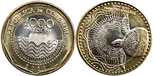 1000 песо 2012 Колумбия — Черепаха UNC