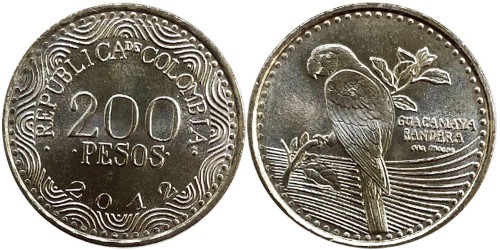 200 песо 2012 Колумбия — Красный ара UNC