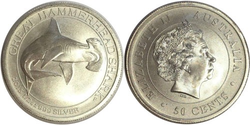 50 центов 2015 Австралия — Гигантская акула-молот BUnc — серебро