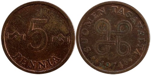 5 пенни 1974 Финляндия (медь)