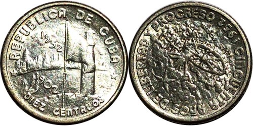 10 сентаво 1952 Куба — 50 лет Республике Куба — серебро