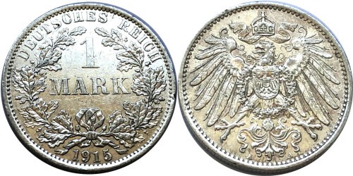 1 марка 1915 A Германия — серебро