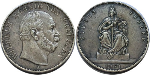 1 талер 1871 Германия — Пруссия — Победа в Франко-прусской войне — серебро