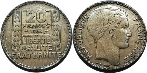 20 франков 1933 Франция — серебро