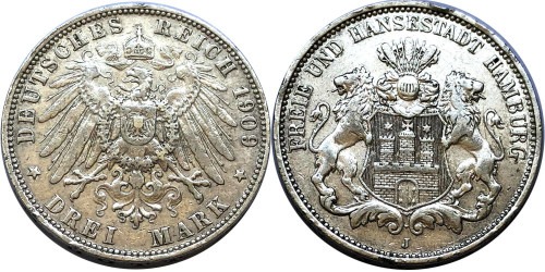 3 марки 1909 J Германская империя — Гамбург — серебро