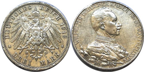 3 марки 1913 А Германская империя — Пруссия — 25 лет правлению Вильгельма II — серебро