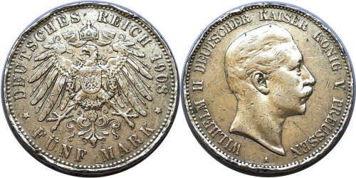 5 марок 1908 А Германская империя — Пруссия — серебро