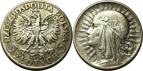 5 злотых 1933 Польша — серебро — Королева Ядвига — знак монетного двора