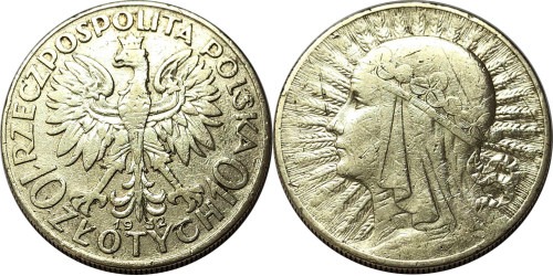 10 злотых 1932 Польша — серебро — Королева Ядвига — Без отметки монетного двора — Лондон