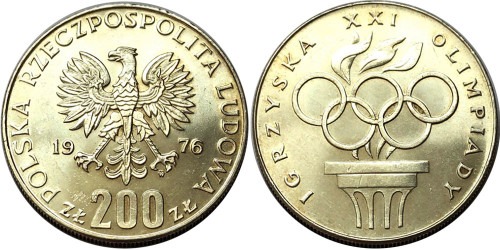 200 злотых 1976 Польша —  XXI летние Олимпийские Игры, Монреаль 1976 — серебро