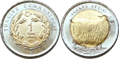 1 лира 2015 Турция — Ankara keçisi — Ангорская коза