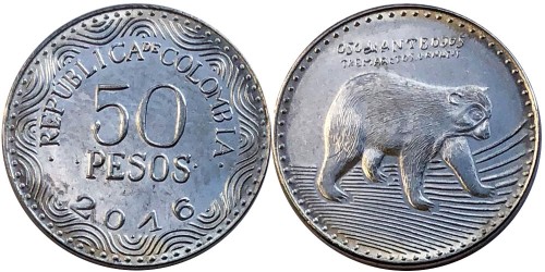50 песо 2016 Колумбия — Медведь UNC