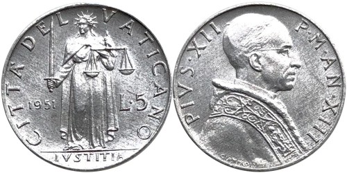 5 лир 1951 Ватикан
