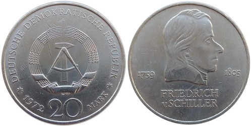 20 марок 1972 «А» Германия (ГДР) — Фридрих фон Шиллер уценка № 1
