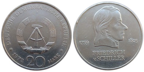 20 марок 1972 «А» Германия (ГДР) — Фридрих фон Шиллер уценка № 2