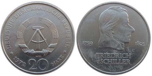20 марок 1972 «А» Германия (ГДР) — Фридрих фон Шиллер уценка № 3