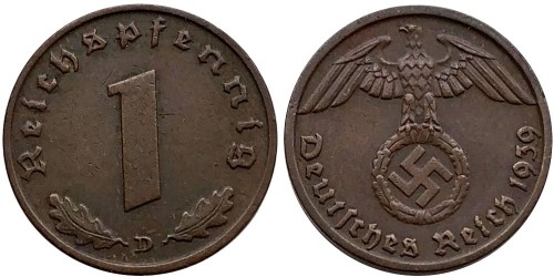 1 рейхспфенниг 1939 «D» Германия