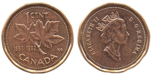 1 цент 1992 Канада — 125 лет Конфедерации Канада
