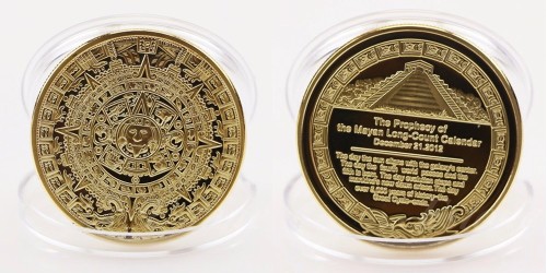 Сувенирная монета — календарь Майя в капсуле — латунного цвета