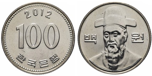 100 вон 2012 Южная Корея UNC