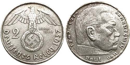 2 рейхсмарки 1937 А Германия — серебро №1