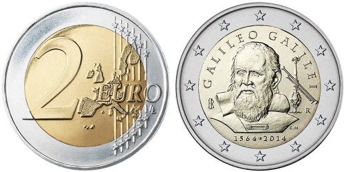 2 евро 2014 Италия — 450 лет со дня рождения Галилео Галилея UNC