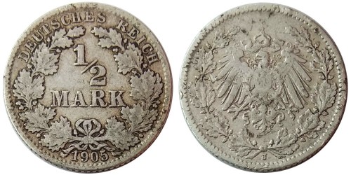 1/2 марки 1905 «J» Германия — серебро
