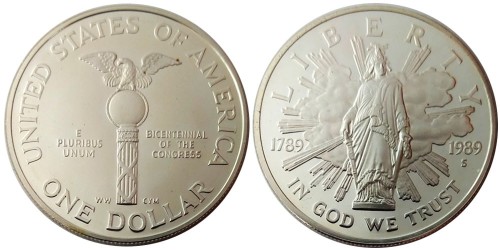 1 доллар 1989 S США — 200 лет Конгрессу — серебро