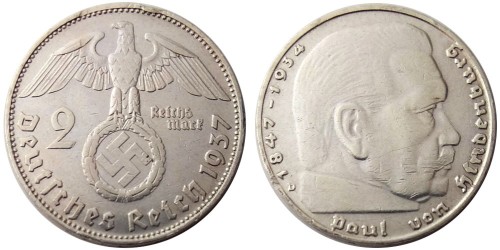 2 рейхсмарки 1937 «D» Германия — серебро №1