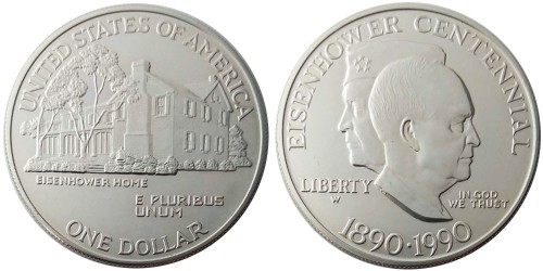 1 доллар 1990 W США — 100 лет со дня рождения Эйзенхауэра — серебро