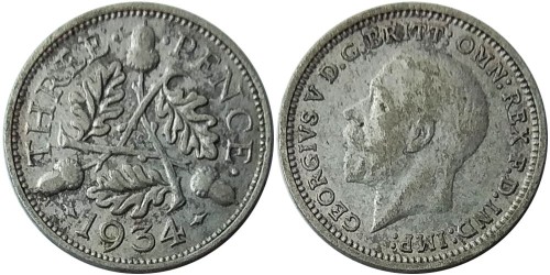 3 пенса 1934 Великобритания — серебро