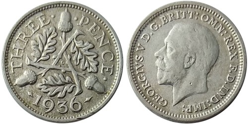 3 пенса 1936 Великобритания — серебро