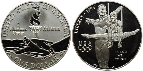 1 доллар 1995 P США — XXVI летние Олимпийские Игры, Атланта 1996 — Гимнастика — серебро №1