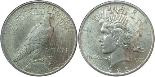 1 доллар 1922 США — Peace Dollar — серебро №4