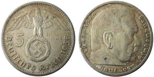 5 рейхсмарок 1938 «E» Германия — серебро