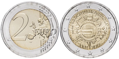 2 евро 2012 «G» Германия — 10 лет евро наличными