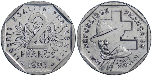 2 франка 1993 Франция — 50 лет Национальному движению сопротивления