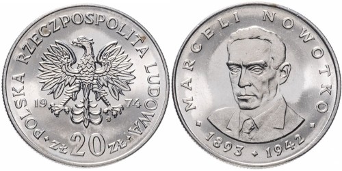 20 злотых 1974 Польша — Марсель Новотко (1893 — 1942) — знак монетного двора