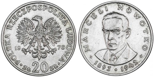 20 злотых 1976 Польша — Марсель Новотко (1893 — 1942) — без знака монетного двора